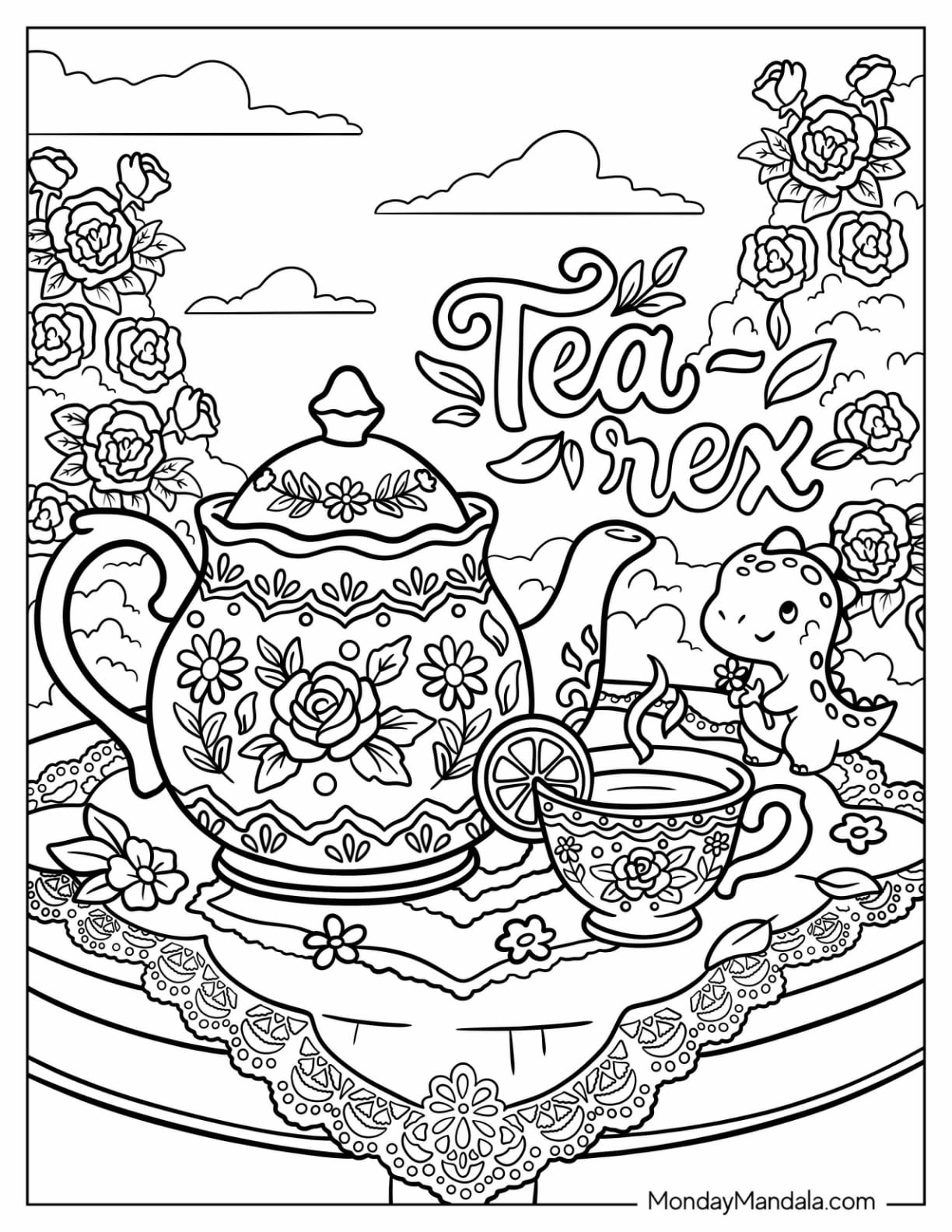 Elegant Tea Set with Dinosaur Toy Coloring Page for Adults