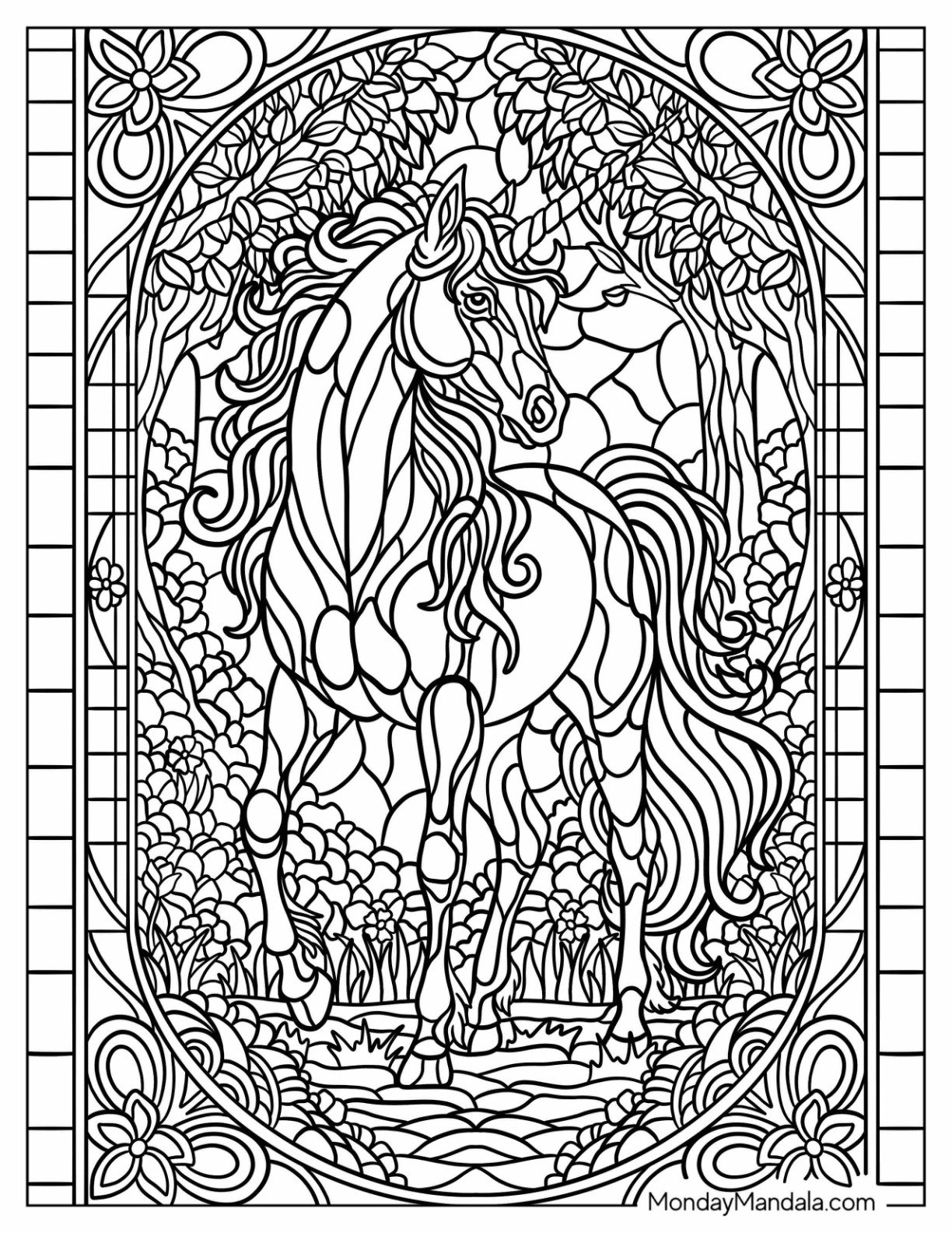 Elegant Unicorn In Detailed Garden Landscape Stained Glass Coloring Page