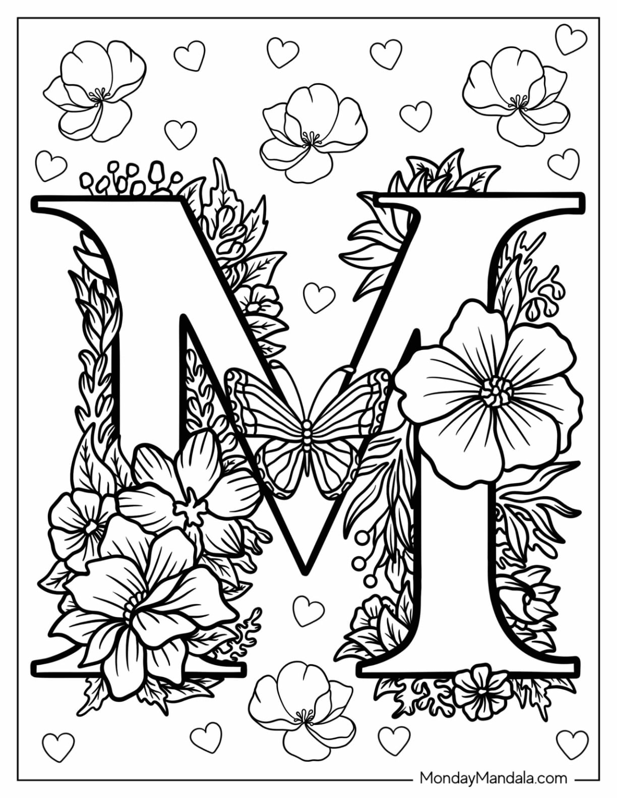 Elegant Uppercase Letter M Coloring Page With Flowers
