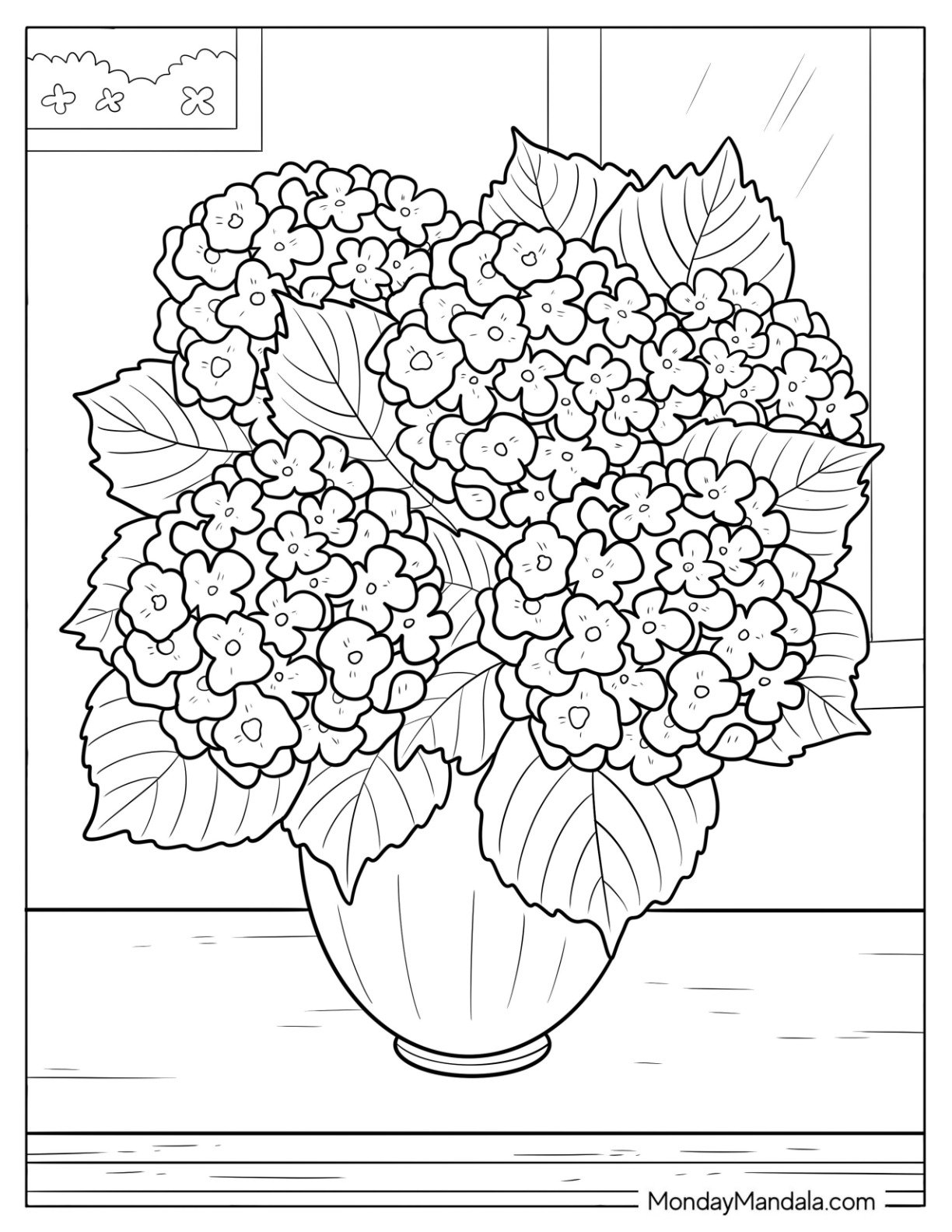Flower Coloring Page of Elegant Vase of Hydrangeas with Leaves