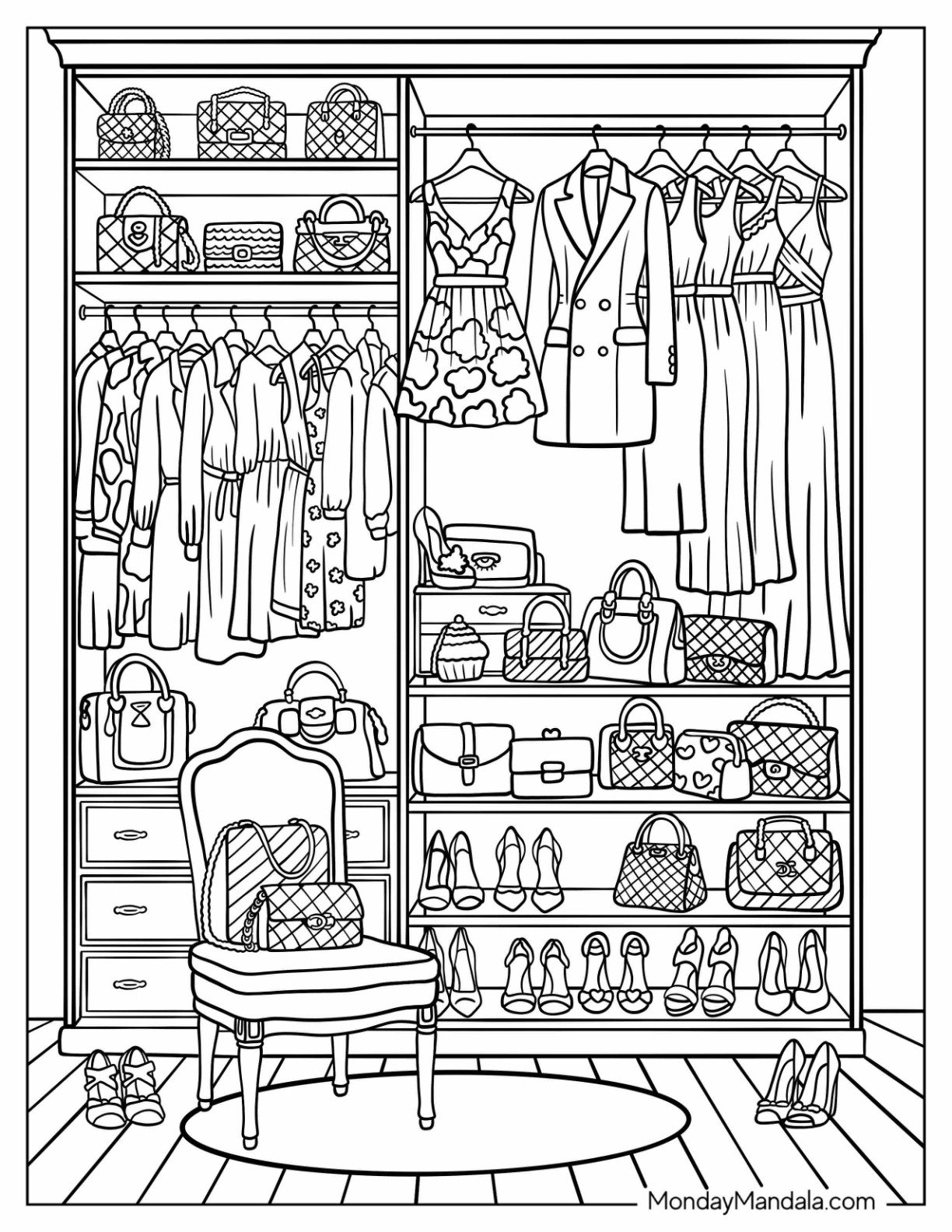 Elegant Walk In Closet Overflowing with Dresses, Shoes, and Handbags for Chic Fashion Coloring Page