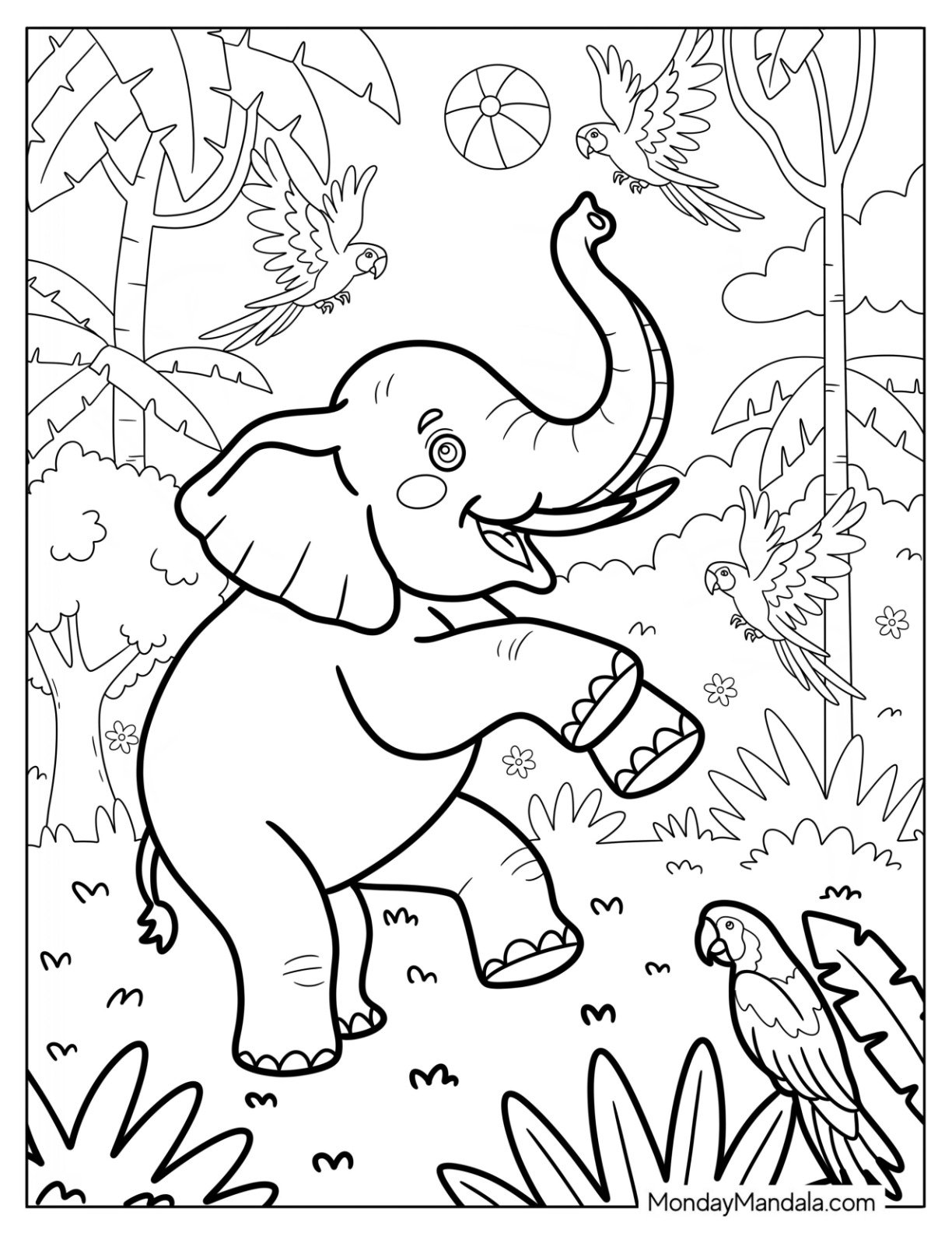 Elephant Coloring Page Dancing in the Jungle with Colorful Parrots for Kids