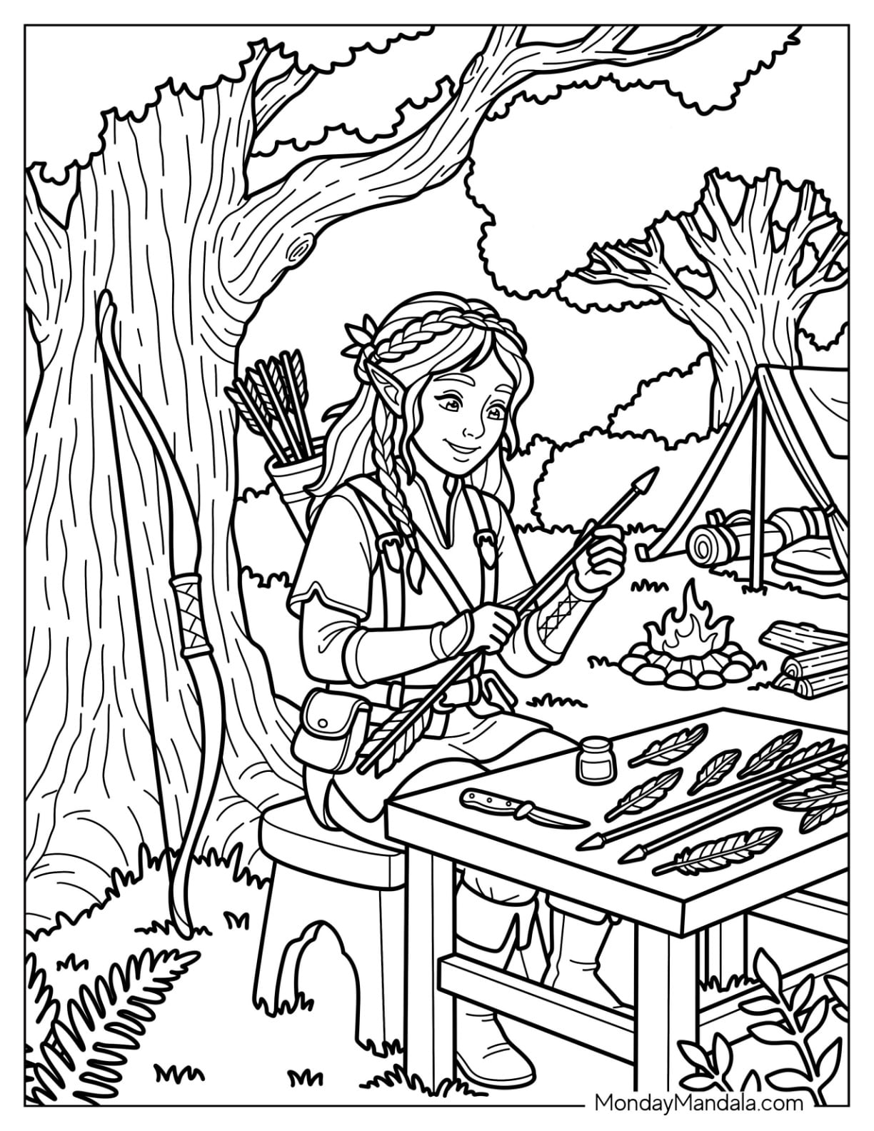 Elf Archer Crafting Arrows in Fantasy Coloring Page
