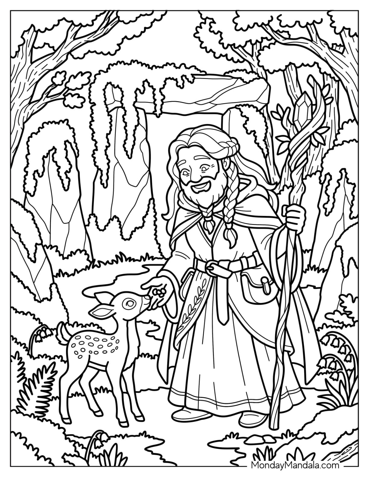 Elf Druid with a Staff and Deer in an Enchanted Forest Coloring Page