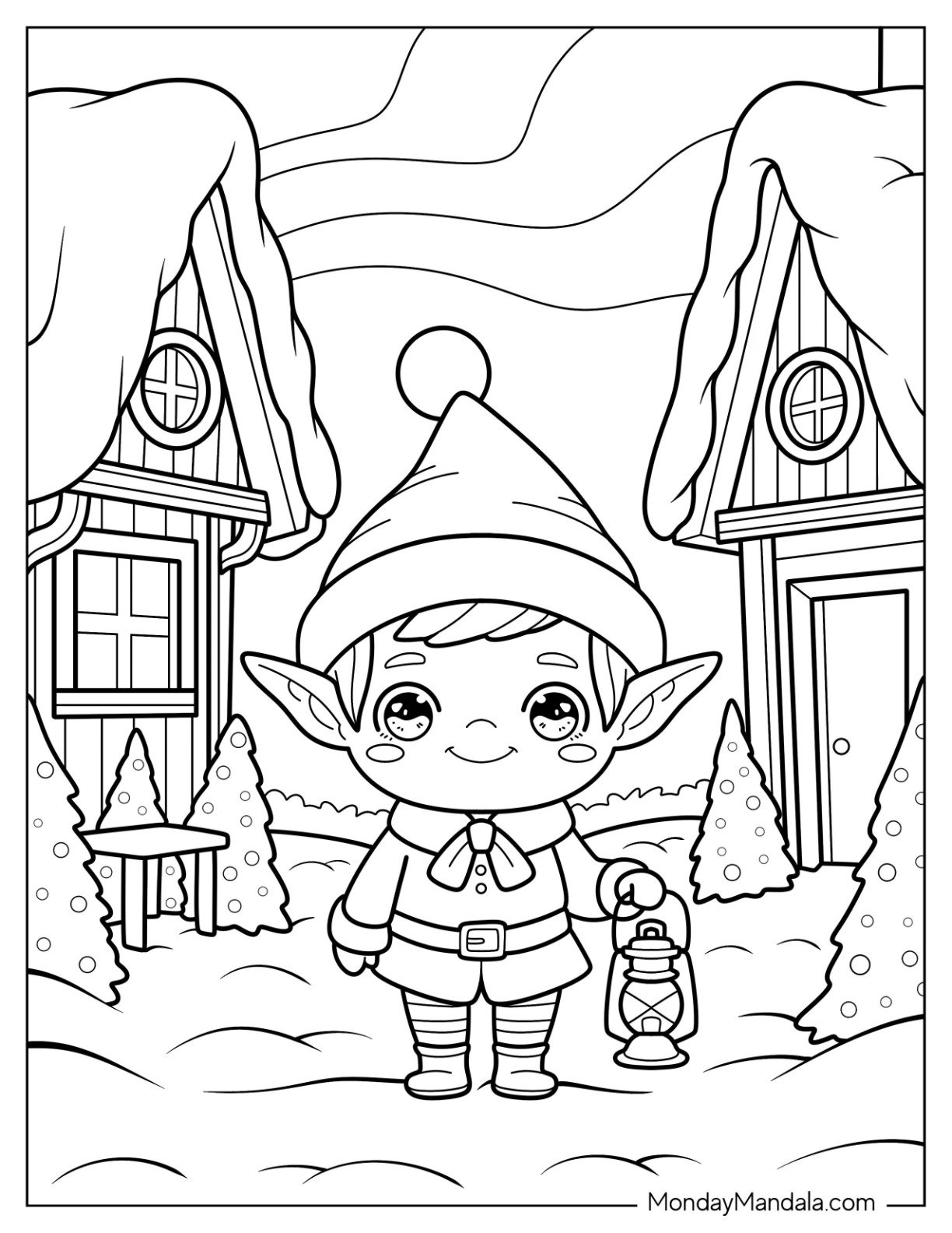 Elf Coloring Page Exploring a Cozy Winter Town with Lantern