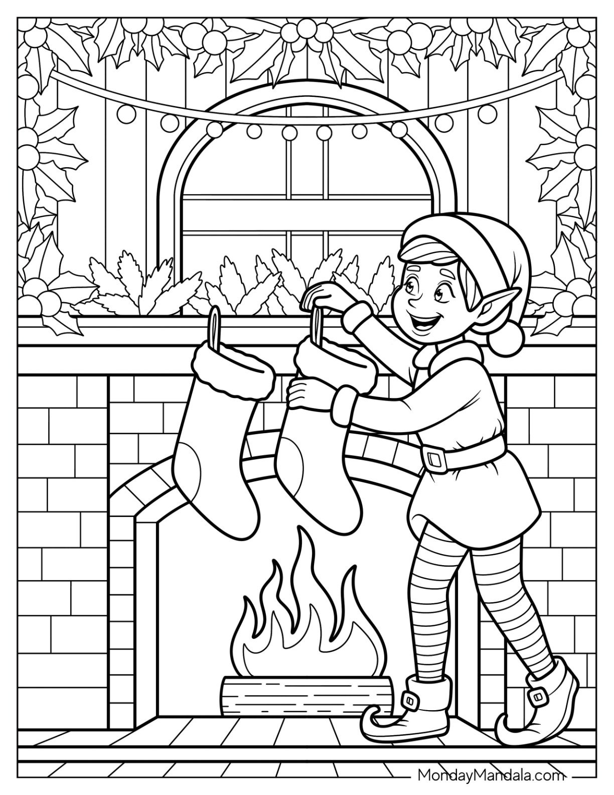Elf Coloring Page Hanging Stockings In Christmas Living Room
