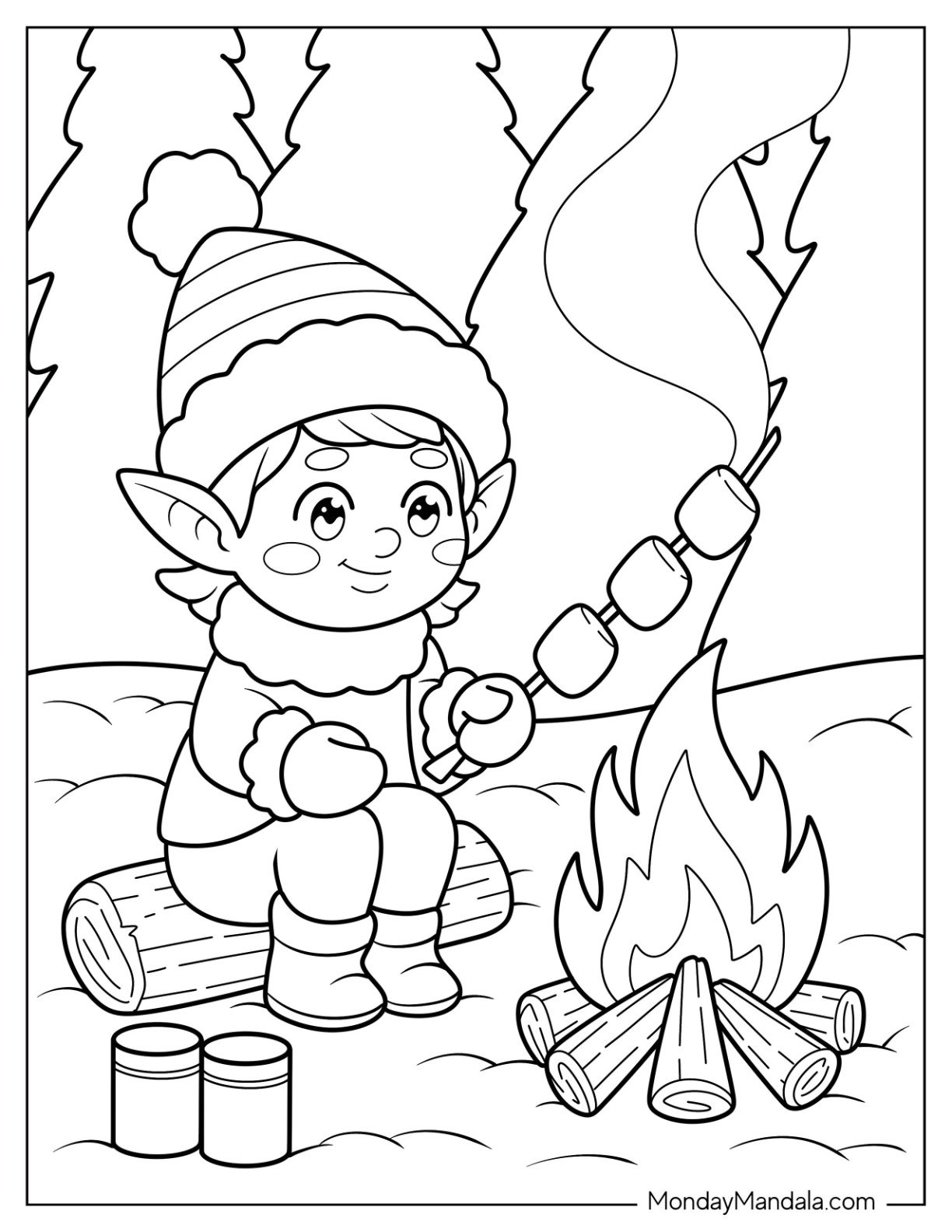 Elf Coloring Page Roasting Marshmallows By A Campfire In The Snow For Kids