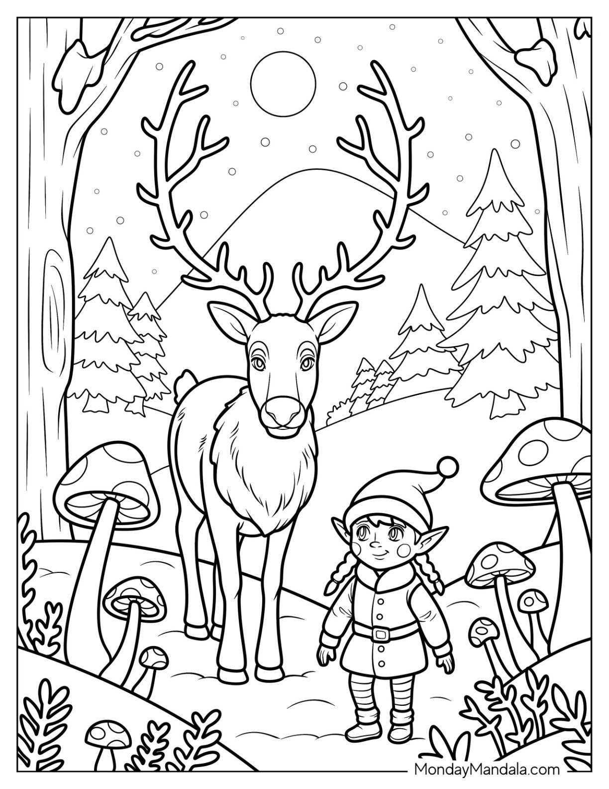 Elf Standing in a Forest With a Majestic Reindeer in Winter Coloring Sheet for Kids