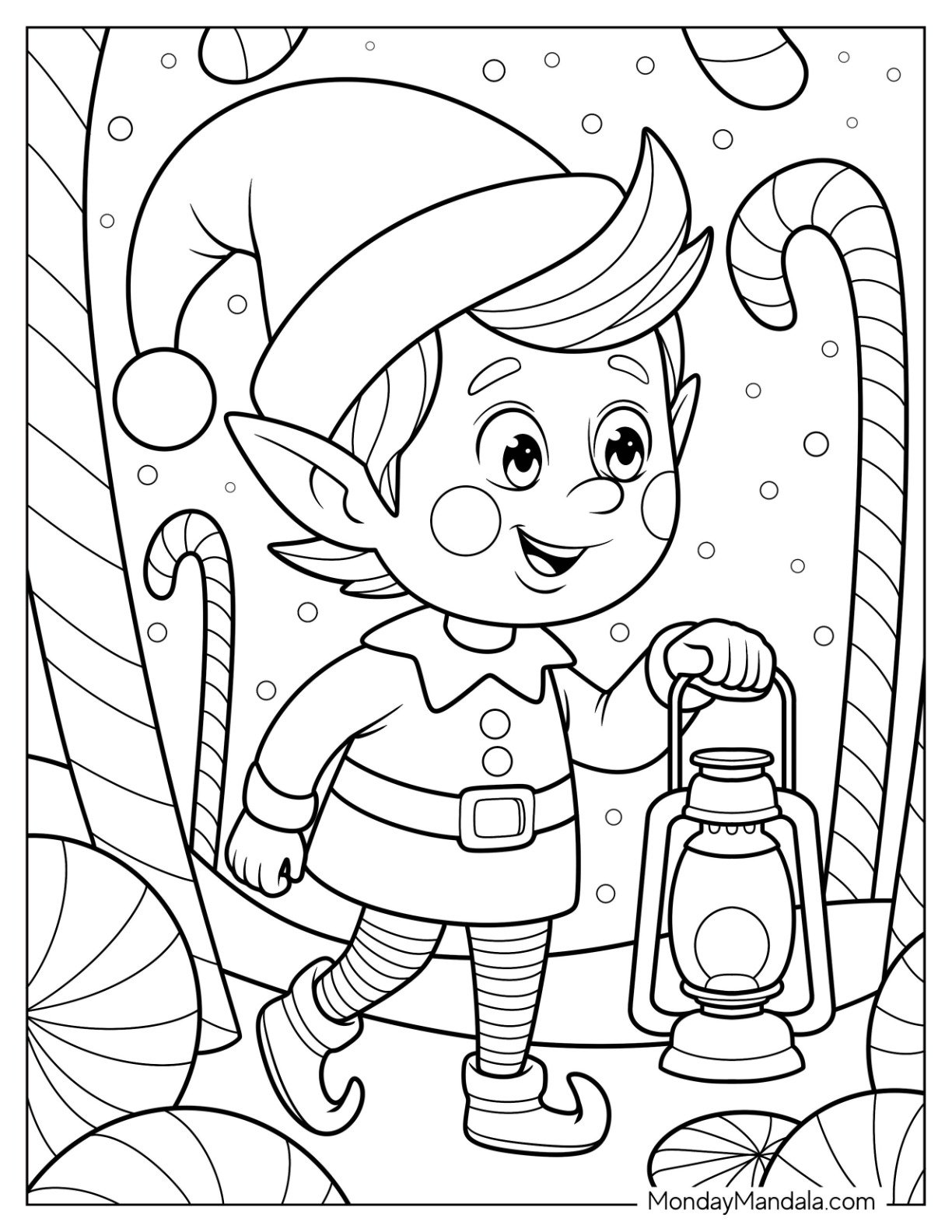 Elf Coloring Page With A Lantern Walking in a Magical Candy Cane Path