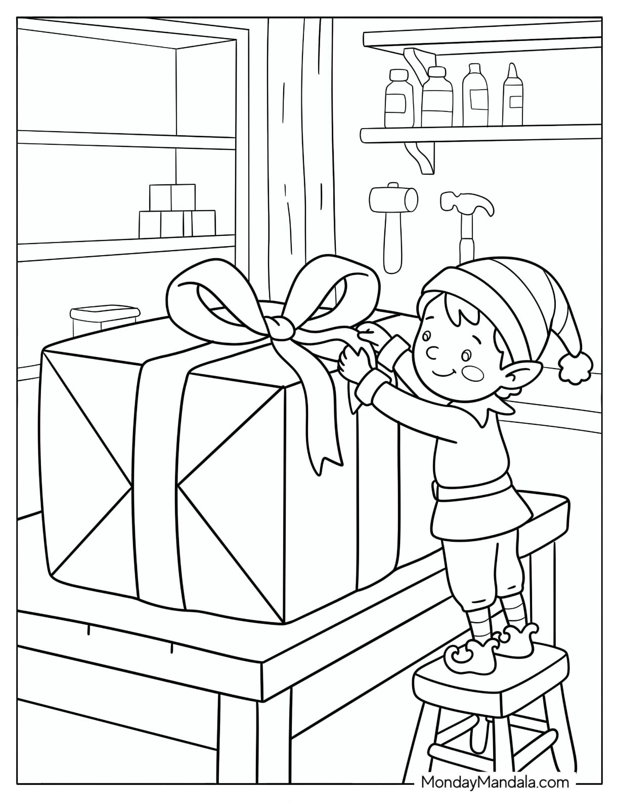 Elf Wrapping a Large Christmas Present in Santa’s Workshop Coloring Sheet for Kids