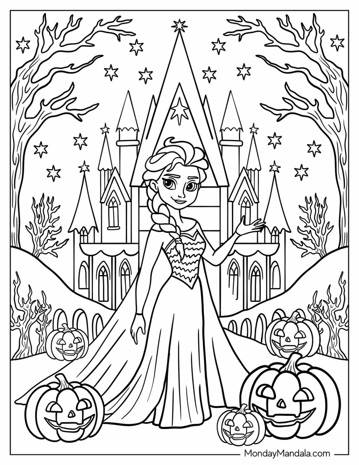 Disney Halloween Coloring Page of Elsa Outside Her Castle with Jack O Lanterns