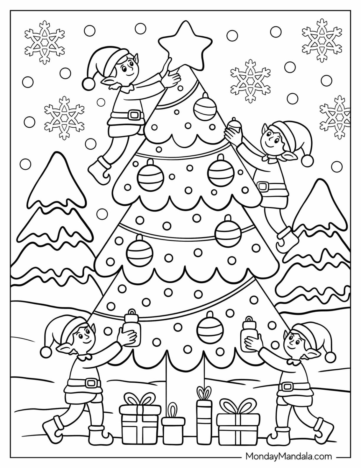 Elves Decorating A Christmas Tree in the North Pole Coloring Page for Kids