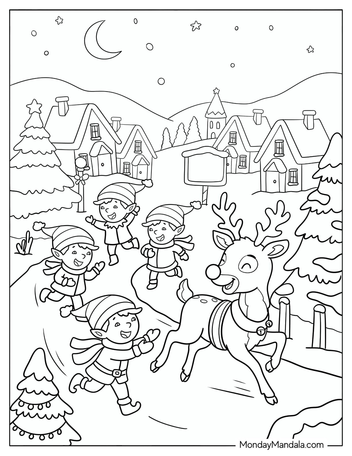 Elves Running with Rudolph on Snowy Streets