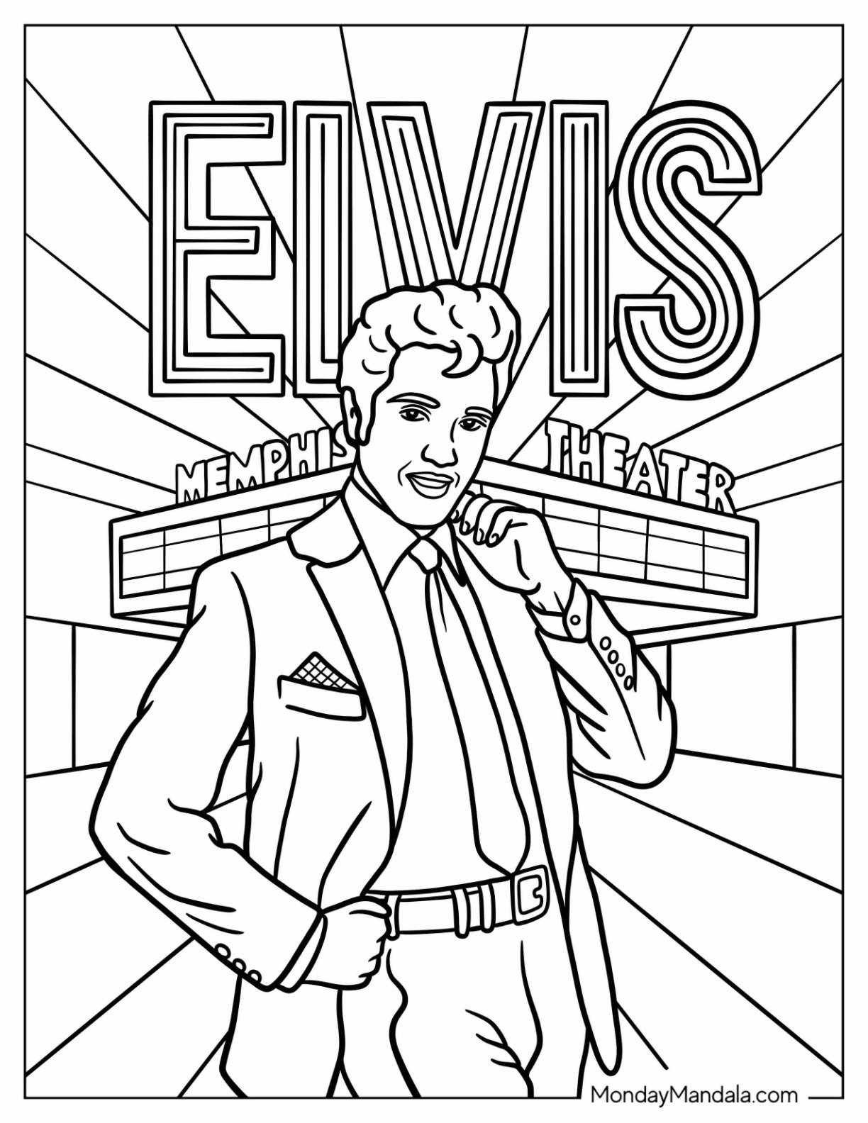 Elvis Coloring Page Posing in front of Memphis Theater