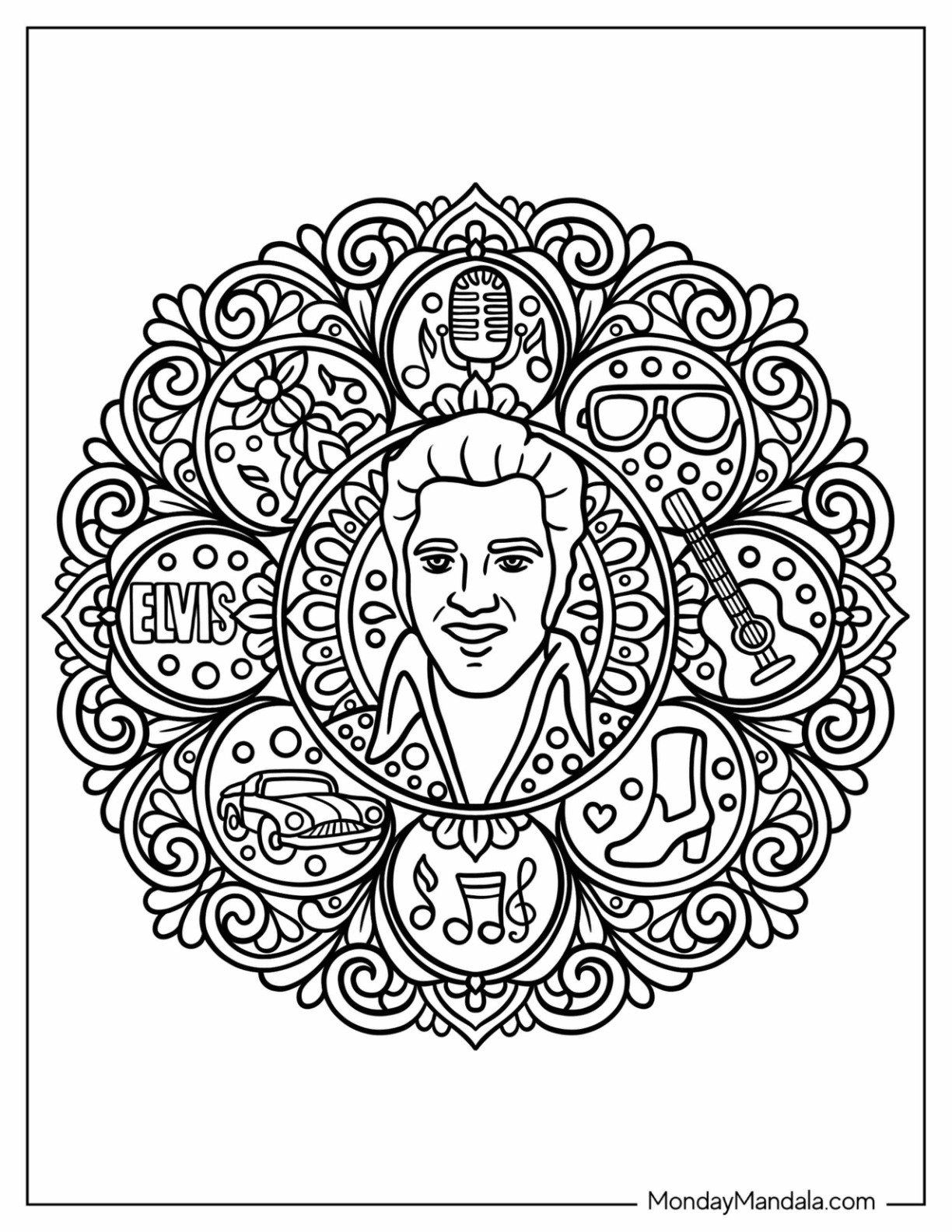 Elvis Coloring Page Inside a Floral Mandala with Musical Elements