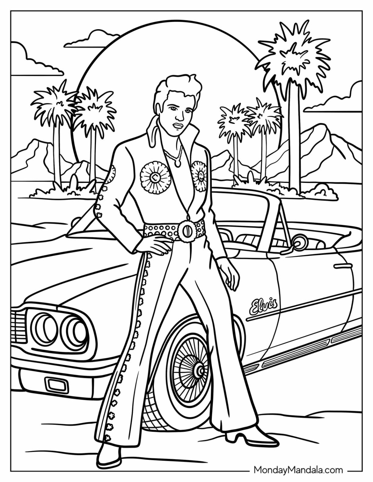 Elvis Coloring Page Posing Beside Vintage Car at Sunset