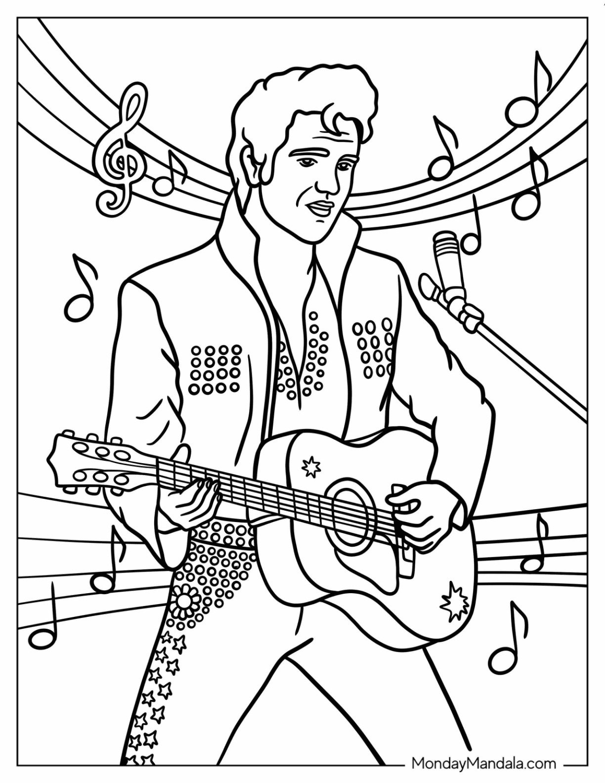 Elvis Coloring Page Serenading with His Guitar for Kids