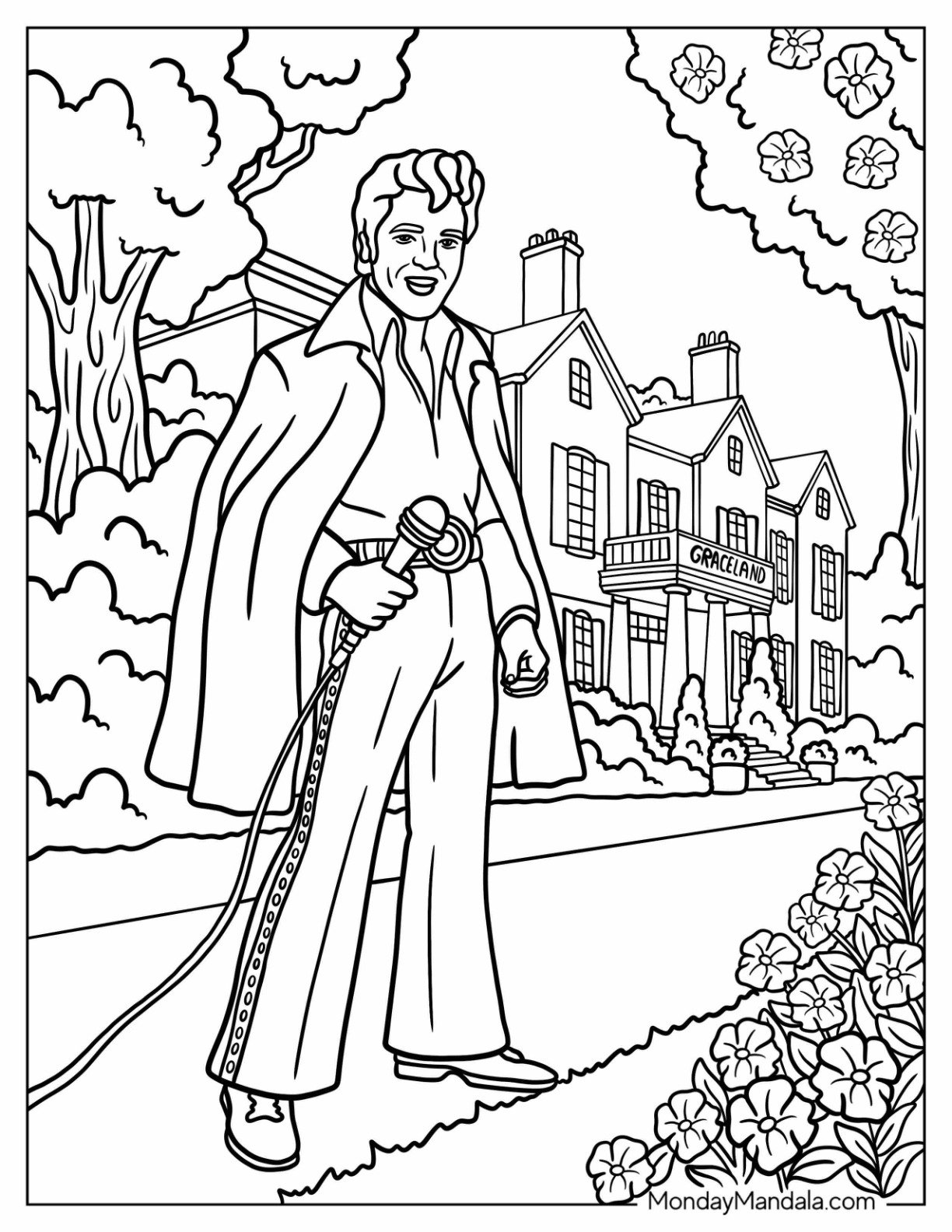 Elvis Coloring Page in Iconic Costume with Mic in Front of Graceland