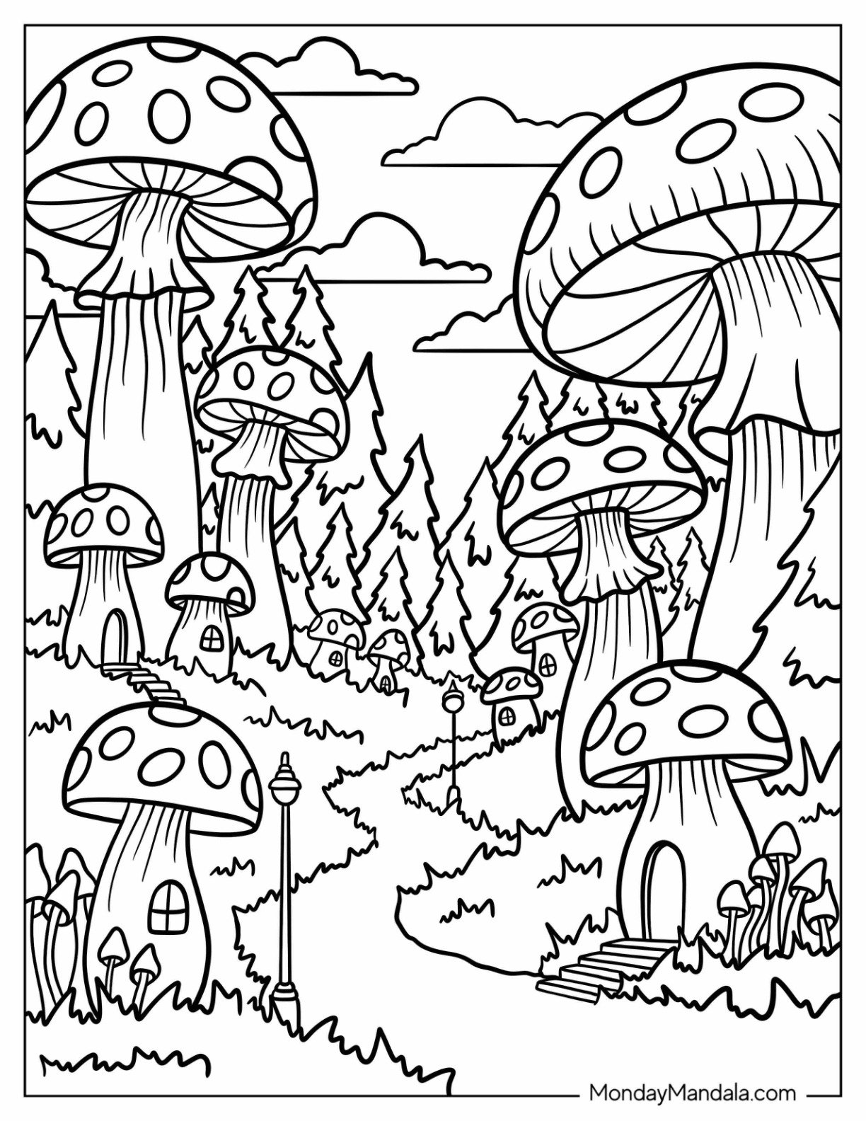 Enchanted Woodland Neighborhood with Mushroom Homes Coloring Page for Kids