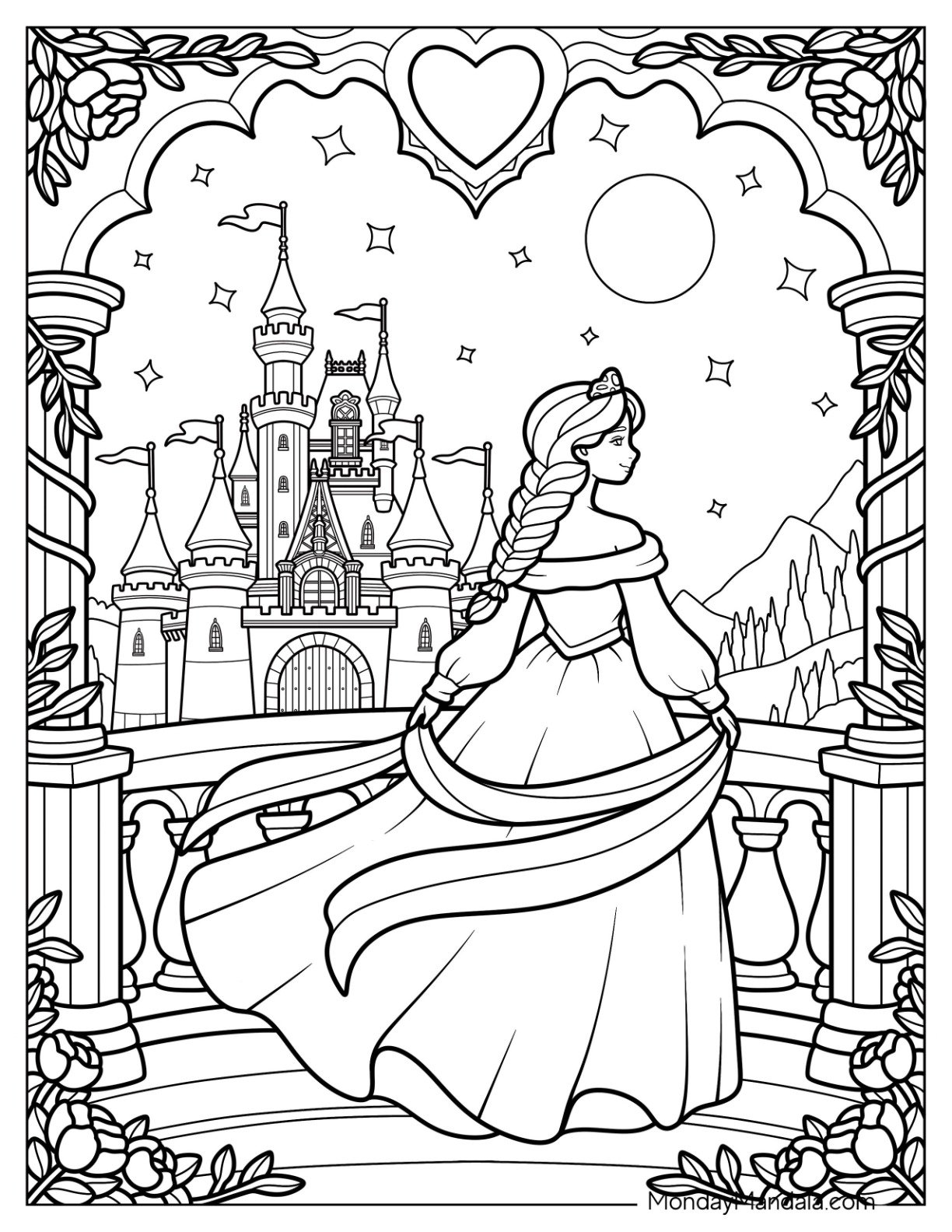 Enchanting Princess Coloring Page Gazing at Castle Under Starry Sky