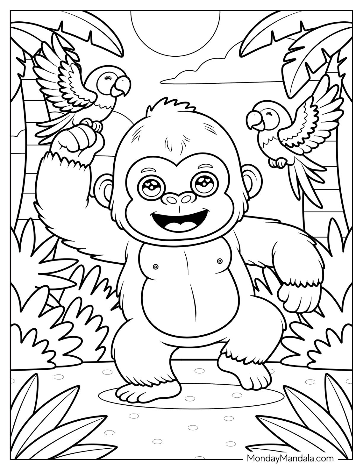 Energetic Baby Gorilla Coloring Page Playing with Parrots in the Jungle