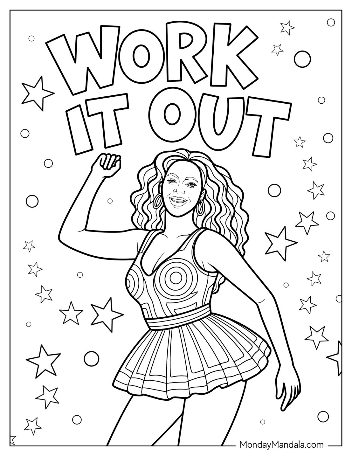 Energetic Beyoncé Coloring Page Dancing With ‘Work It Out’ Quote and Stars