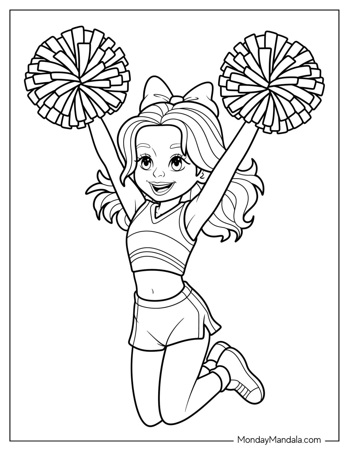 Energetic Cheerleading Coloring Page Jumping with Pom Poms For Kids
