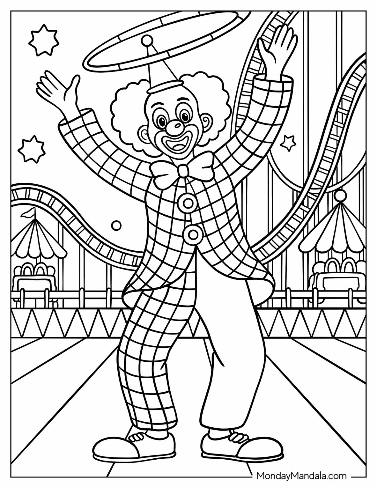 Energetic Clown Coloring Page In Striped Costume Standing In An Amusement Park