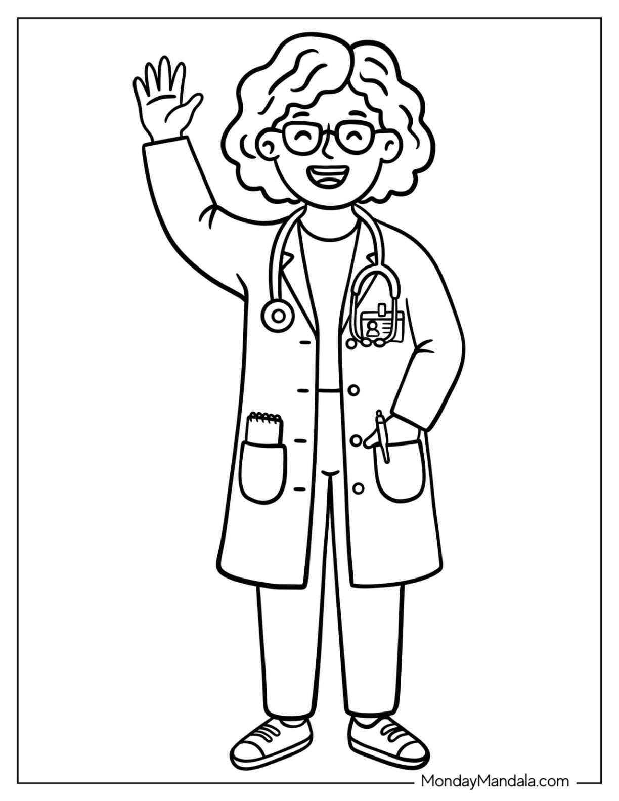 Energetic Doctor with Stethoscope and Coat Waving Coloring Sheet for Kids