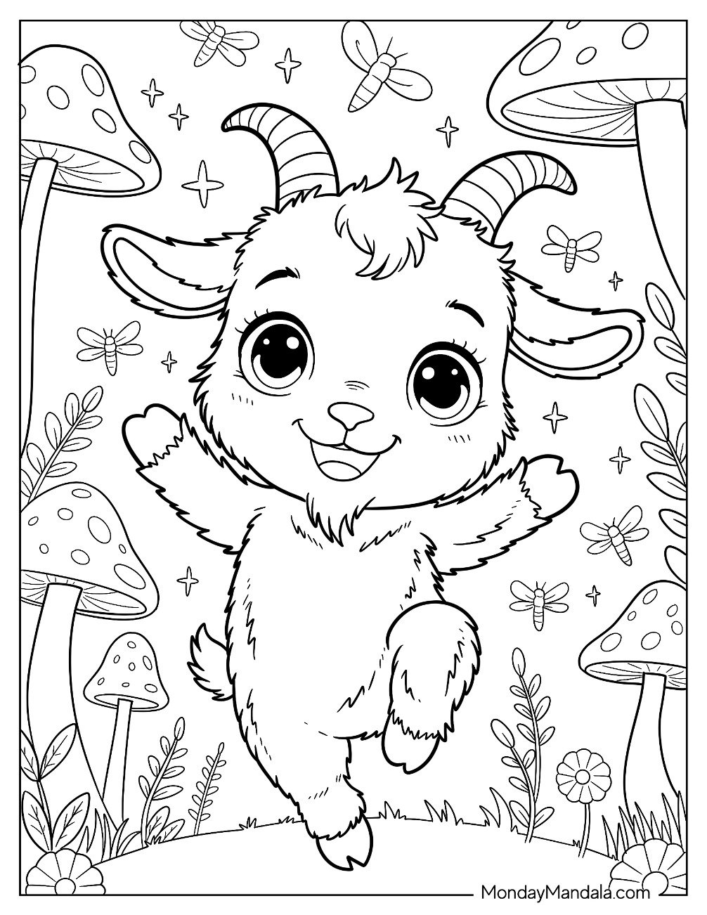 Energetic Goat Coloring Page Hopping in an Enchanted Woodland with Butterflies for Kids