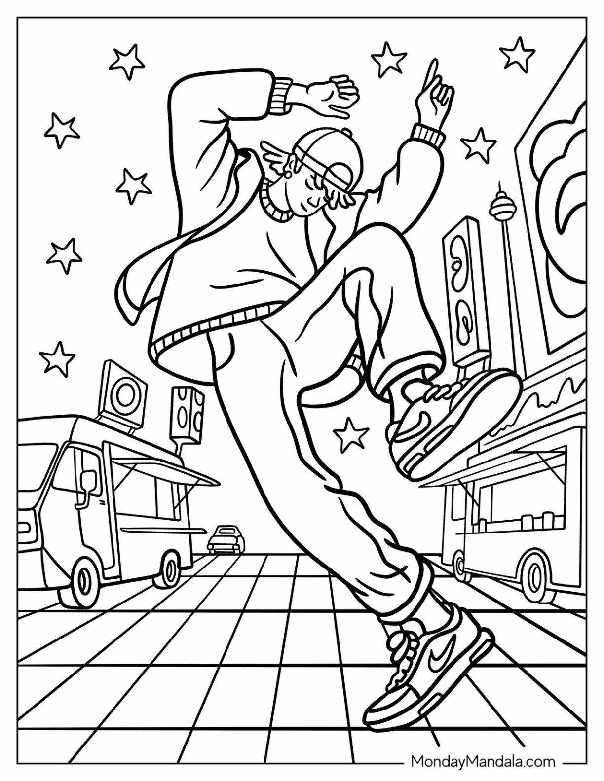 Dancing Coloring Page of Energetic Hip Hop Dancer in Oversized Hoodie and Sneakers Grooving in the City