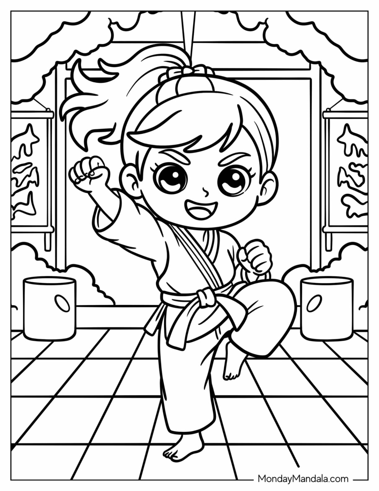 Energetic Karate Girl Coloring Page for Kids