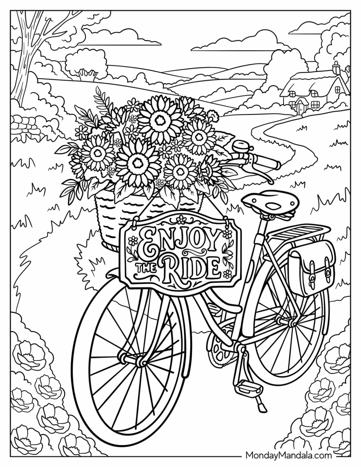 “Enjoy the Ride” Bicycle with Sunflowers on a Countryside Road