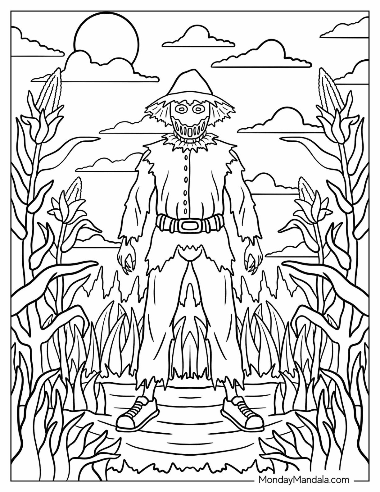 Horror Coloring Page of Evil Scarecrow Lurking Among the Corn Stalks