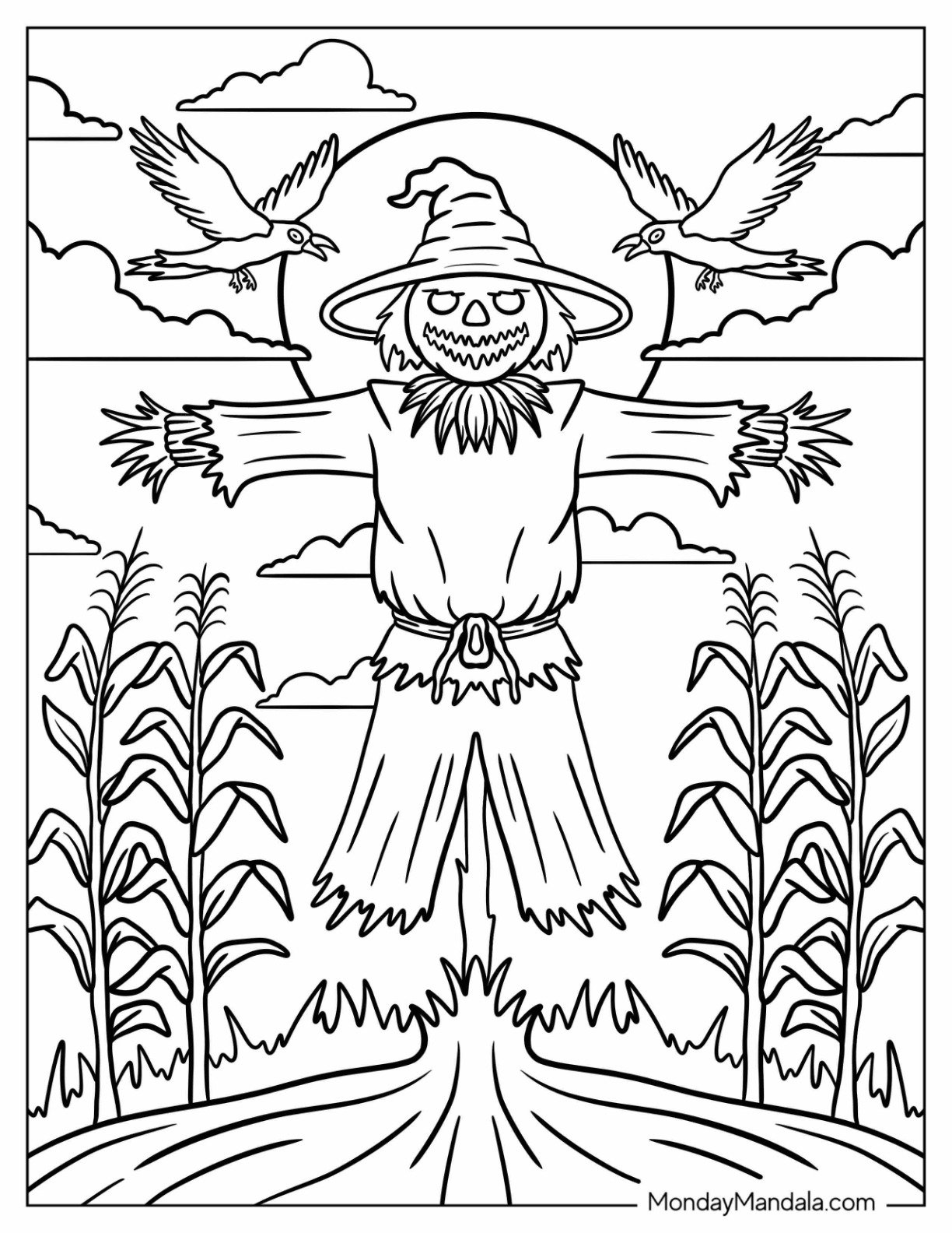 Horror Coloring Page of Evil Scarecrow Standing in Haunted Cornfield with Crows for Kids
