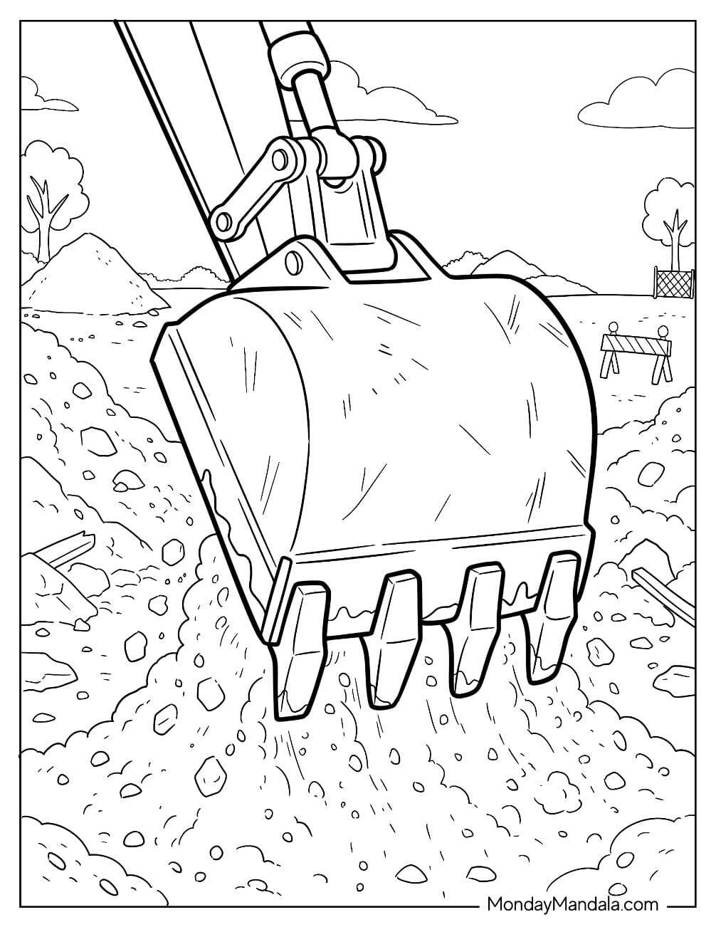 Excavator Digging Bucket with Teeth in a Construction Site Coloring Sheet