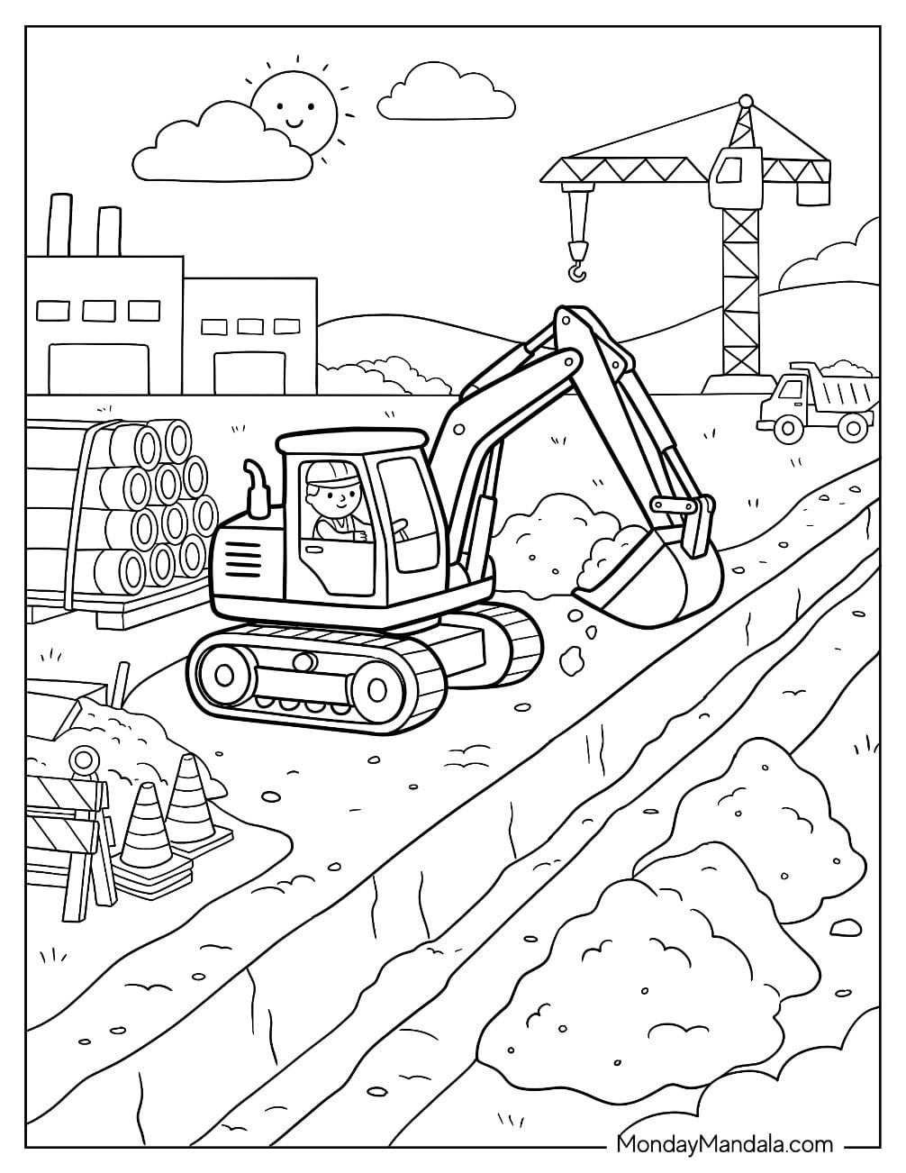 Excavator Digging a Trench at a Construction Site Coloring Page for Kids