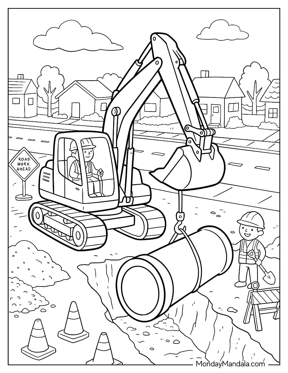Excavator Lifting a Concrete Pipe with a Hydraulic Hook Coloring Page