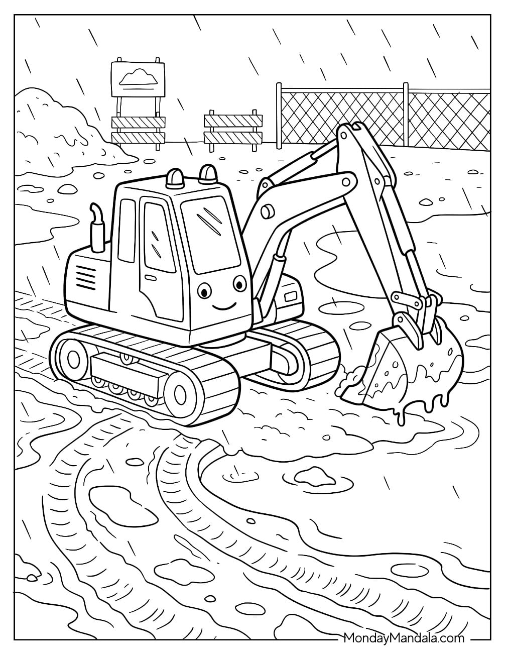 Excavator with Digging Bucket Working in Muddy Rain Coloring Sheet