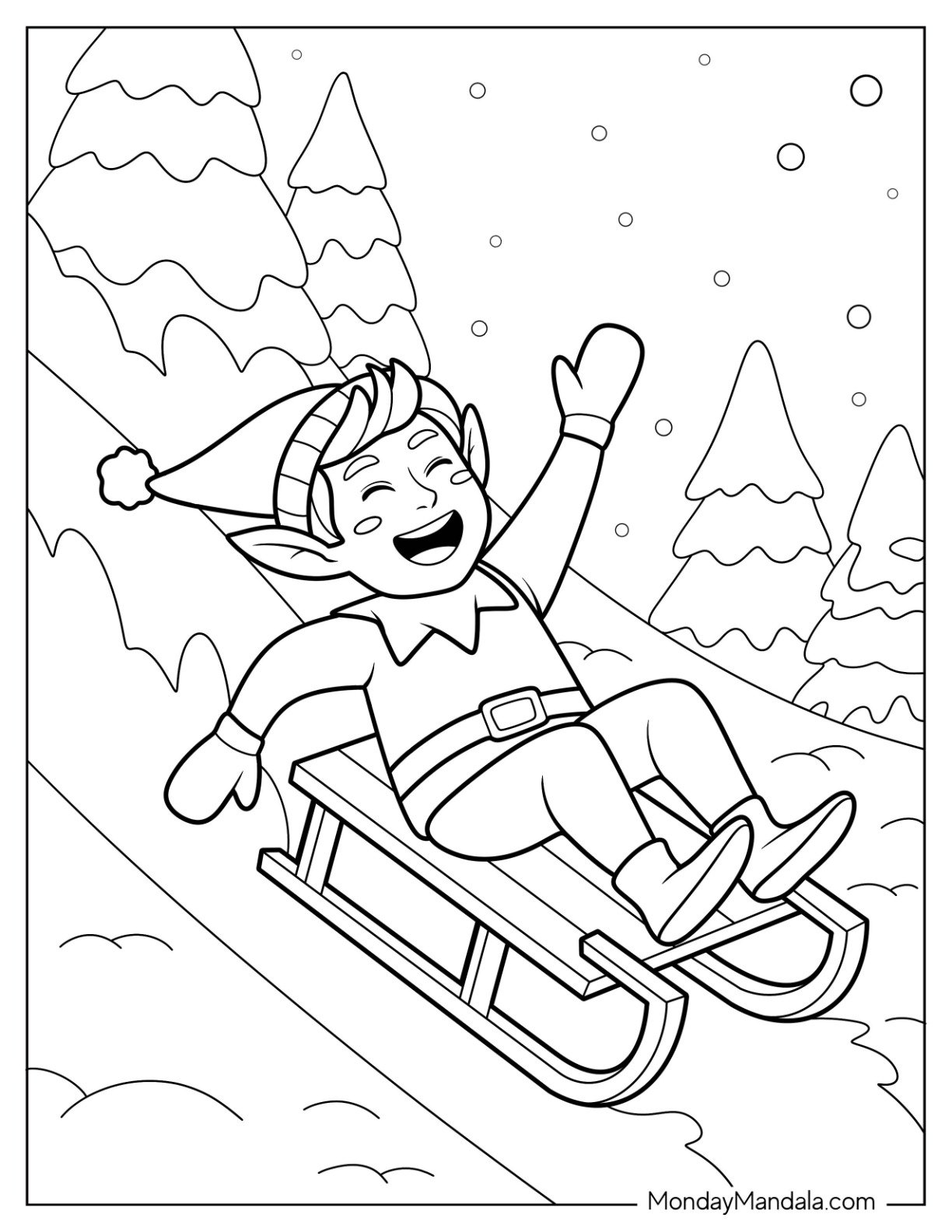 Excited Elf Coloring Page Sliding Down Snow Hill With Trees And Snowflakes
