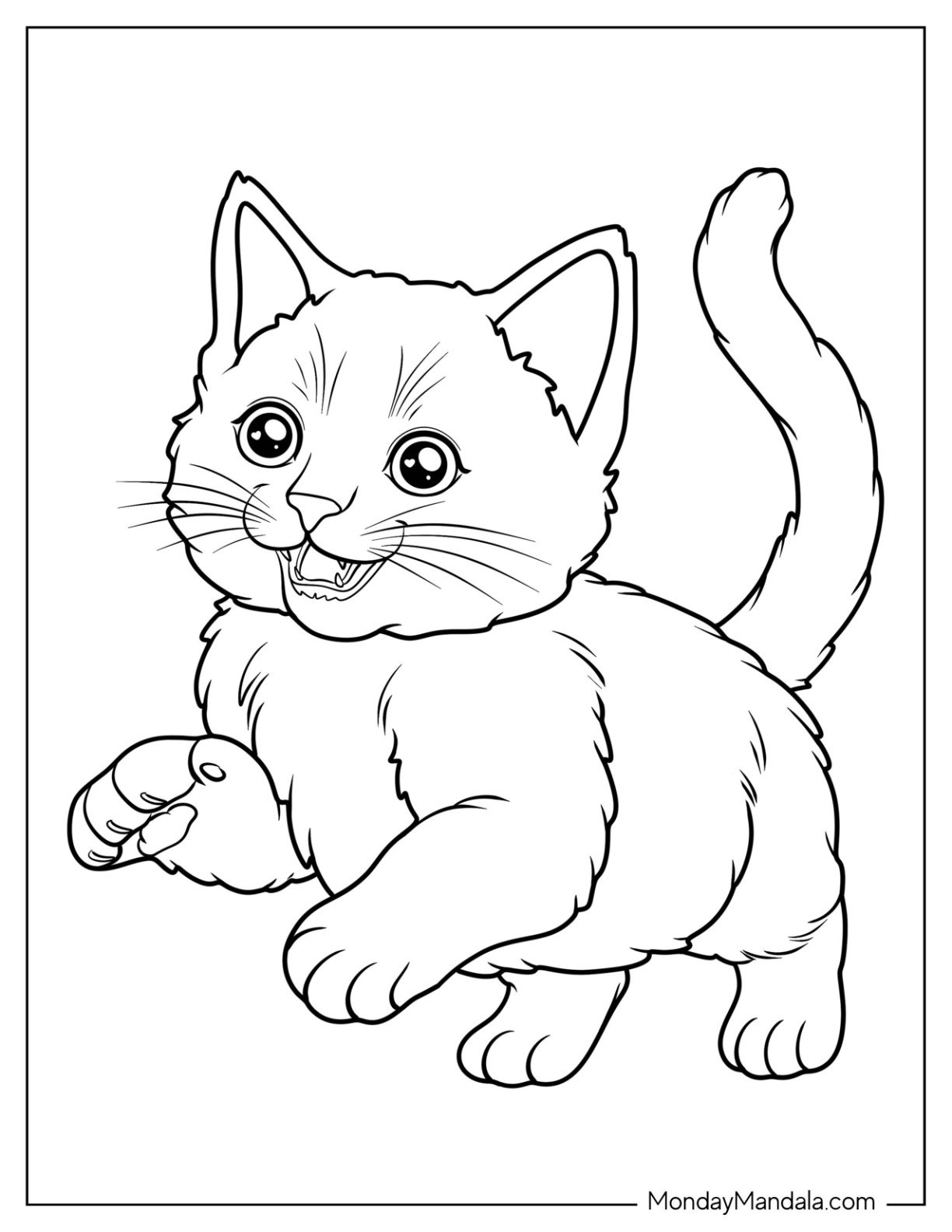 Excited Kitten Coloring Page with Paws in the Air for Preschoolers