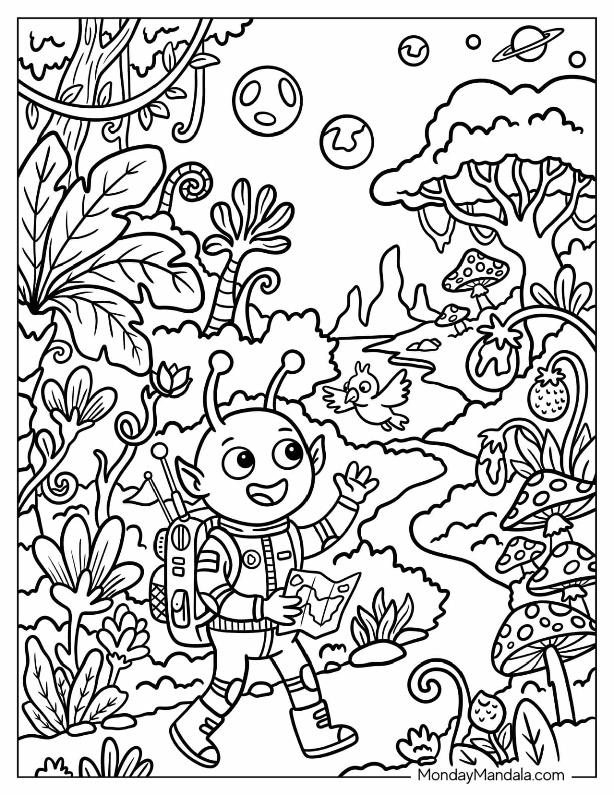 Explorer Alien in a Jungle Coloring Sheet