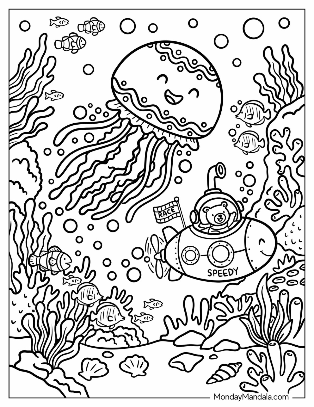 Explorer Bear in Submarine Underwater with Massive Jellyfish