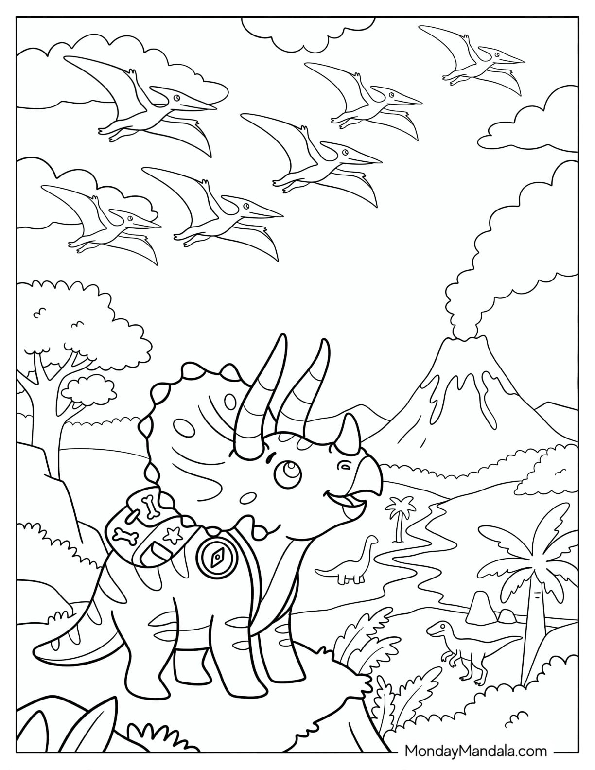 Explorer Triceratops Watching Pterodactyls Near a Volcano Coloring Sheet