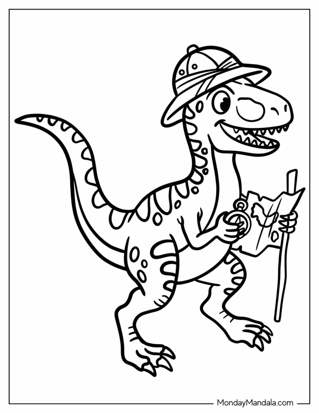Explorer Velociraptor Holding a Map Coloring Page for Preschoolers