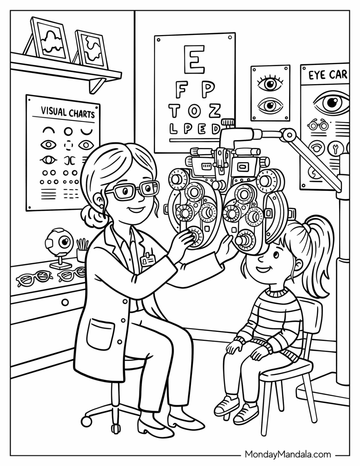 Eye Doctor Checking A Little Girl s Vision Coloring Sheet