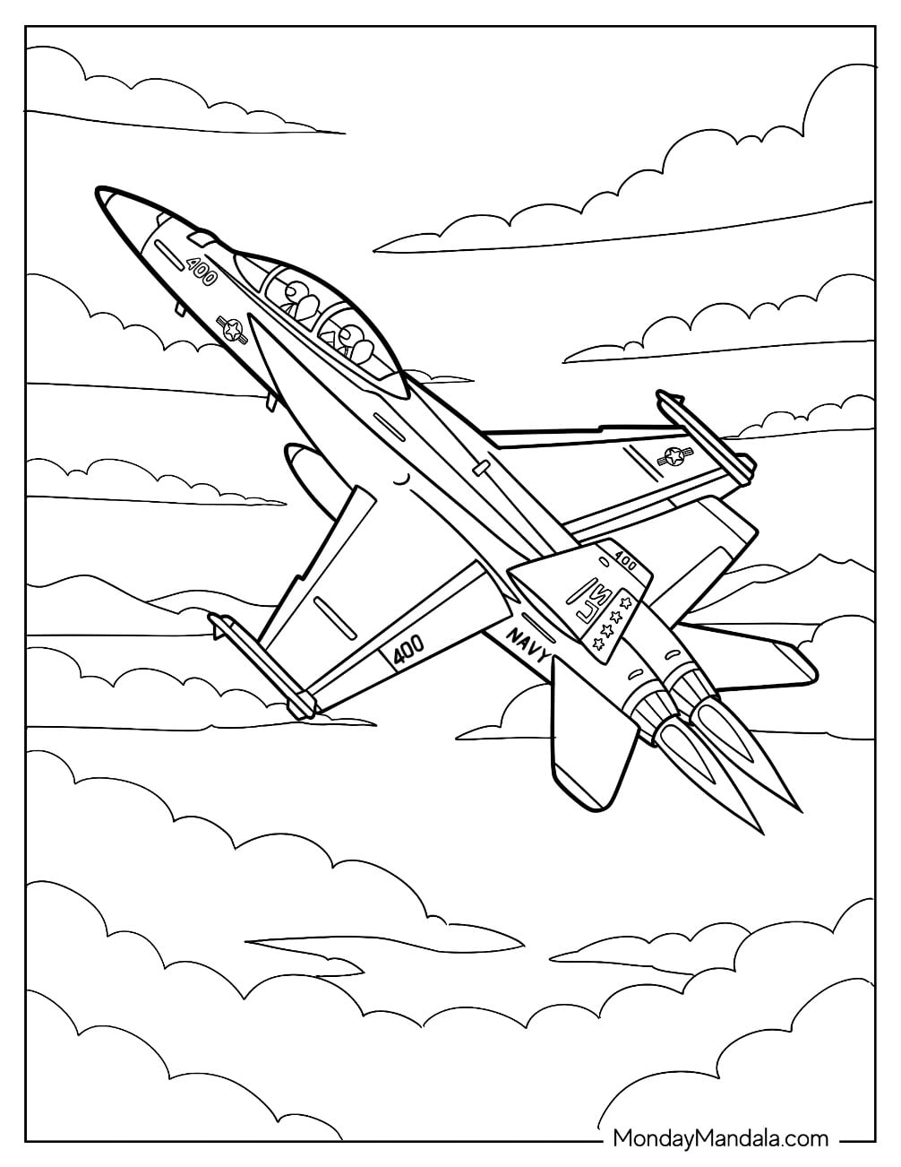 F 14 Tomcat Navy Fighter Jet Flying Through the Clouds Coloring Page