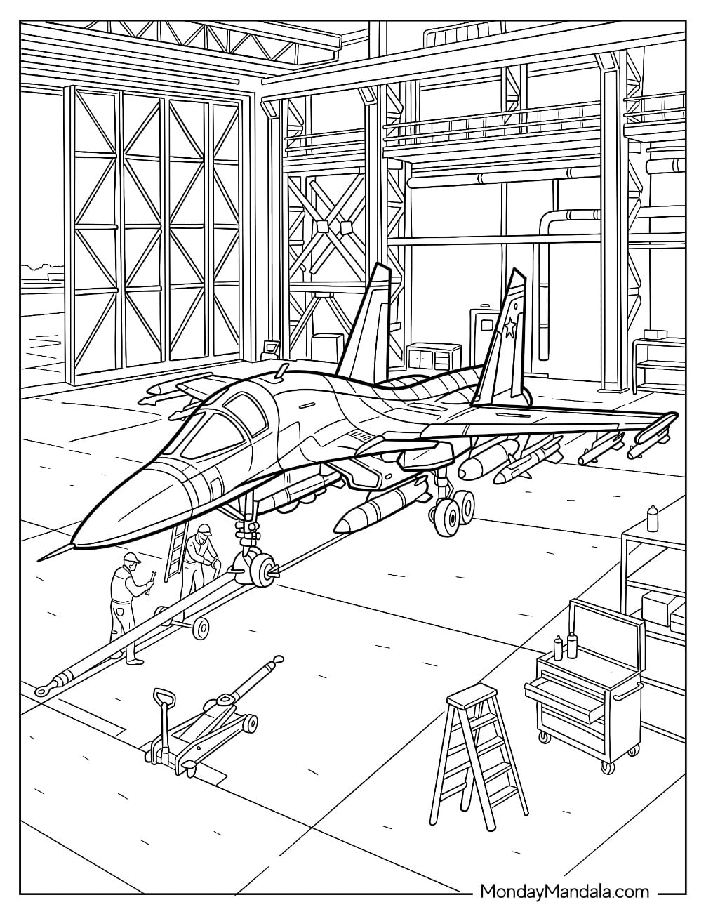 F 15 Eagle Fighter Jet Undergoing Maintenance in an Aircraft Hangar Coloring Page