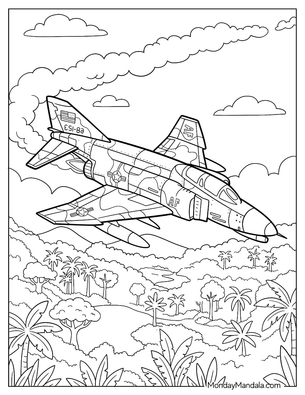 F 5E Tiger II Fighter Jet Flying Over a Tropical Forest Coloring Sheet