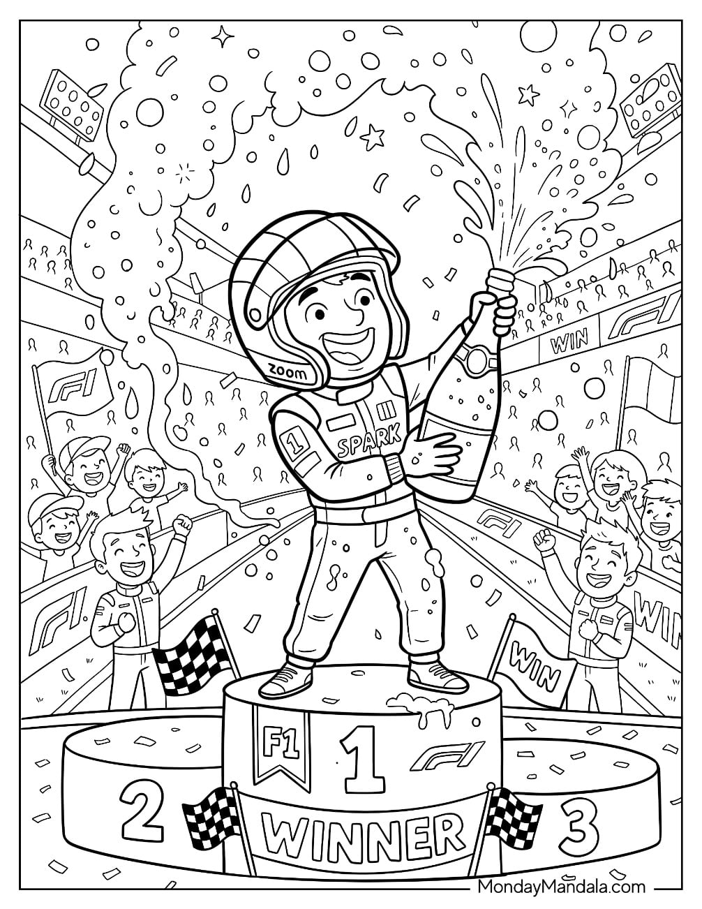 F1 Driver Celebrating with Confetti on the Winner Podium Coloring Page for Kids